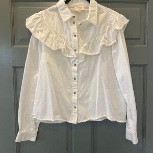 Sezane White Long Sleeve Puff Sleeve Blouse with Ruffled Bib Collar